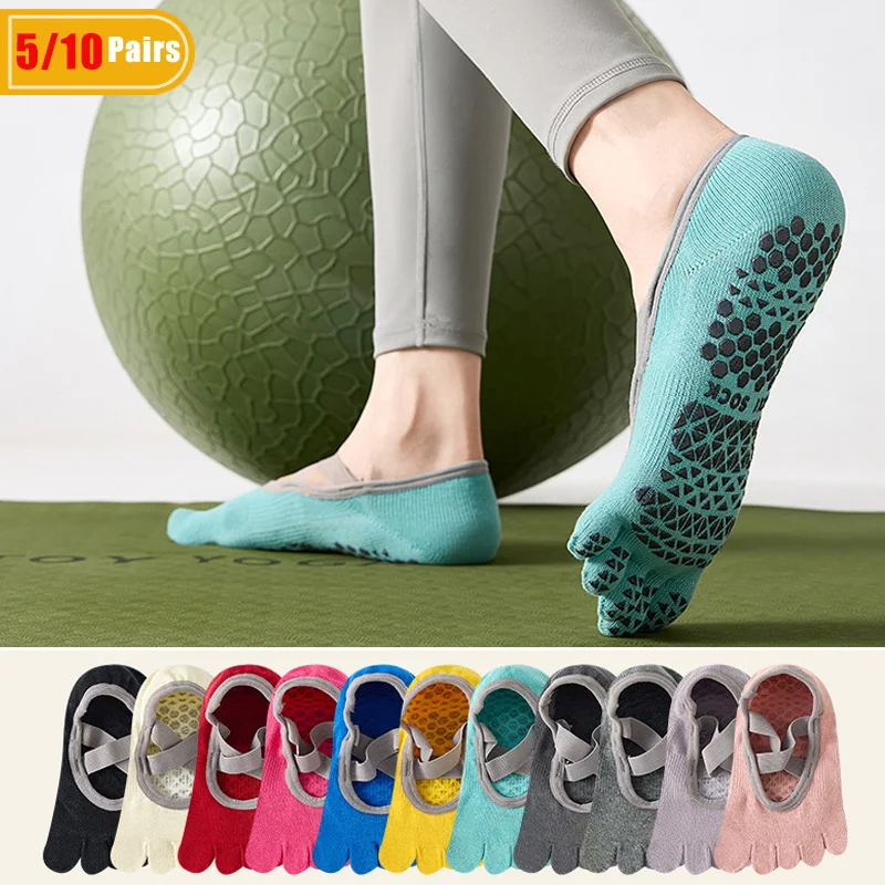 Pilates With Yoga - 5/10 Paar Damen-Yoga-Zehensocken aus Baumwolle, schweißabsorbierend,