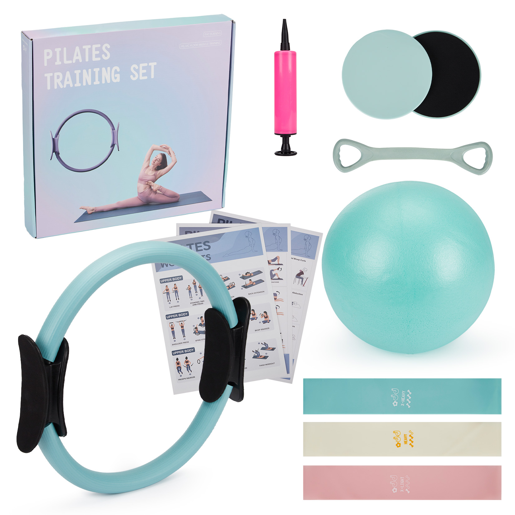 Pilates Yoga Barı - Pilates-Trainingsset, 6-in-1 Pilates-Ring, Übungsball, Widerstandsbänder, Core-Slider,